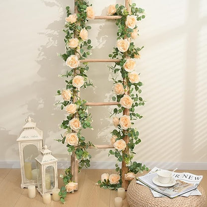 Dolicer 4Pcs 26Ft Artificial Eucalyptus Garlands with Flowers - 8 Roses, Faux Floral Greenery Garlands Fake Flowers Vines for Wedding Table Centerpieces Arch Party Ceremony Backdrop Decor (Champagne)