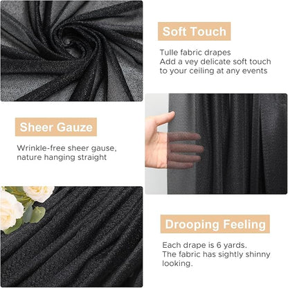 Wokceer Black Wedding Arch Draping Fabric Backdrop 3 Panels 28.7" X 20FT Sheer Drapes Fabric for Wedding Arbor Ceremony Party