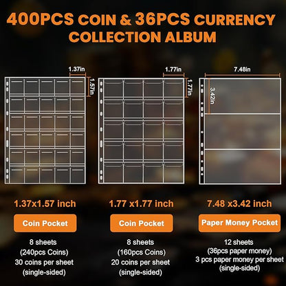 Coin Binder for Collectors with Handle, Fireproof 400 Pockets Coin Collection Album & 36 Paper Currency Book Sleeves, Coin and Bill Organizer Holder Supplies for Quarters, Pennies, 12.8x10.2x1.8inch