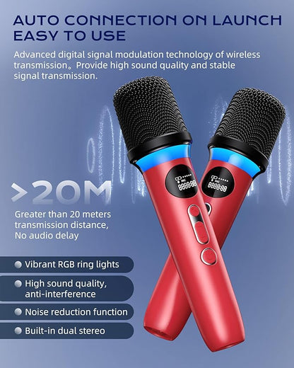 Karaoke Machine for Adults and Kids,Portable Bluetooth 2 Wireless Karaoke Microphone with Holder/USB/TF Card/AUX-in, IPX5 PA Speaker System for Home Party, Picnic,Car,Outdoor/Indoor-Red