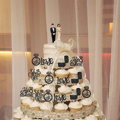 30 PCS He Asked She Said Yes Cupcake Toppers Love I Do Diamond Ring Cupcake Picks for Wedding Enaggement Bridal Shower Party Cake Decorations Supplies Black