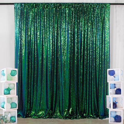 ShinyBeauty Iridescent Green Sequin Backdrop 10FTx10FT Photo Backdrops Green Blue Curtains 10FT Shimmer Fabric Backdrop Christmas, Happy Birthday, Studio Backgrounds