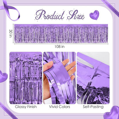 2 Pack Light Purple Table Skirts, 29x108" Metallic Foil Tinsel Fringe Table Skirts for Rectangle Tables Streamer Curtains Backdrop, Party Decorations for Birthdays Weddings Holidays