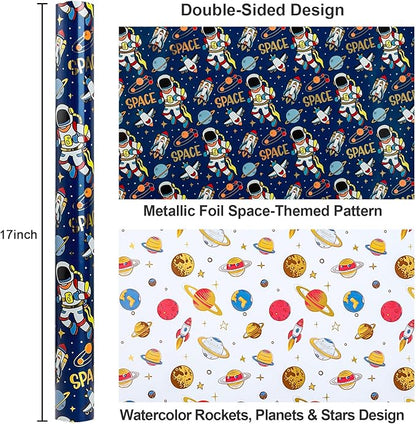 Yarcony Space Wrapping Paper Roll, Birthday Wrapping Paper for Boys, Navy Blue Astronaut Gift Wrap for Kids Birthday Outer Space Party Decor RocketShip Wrap Galaxy Planets Stars (17 Inch X 33 Feet)