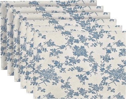 Pastoral Placemats for Dining Table Set of 6, Reversable & Heat-Resistant Non-Slip Place Mats for Kitchen Table Mats 13 x 19 Inch, Floral (Dark Blue)