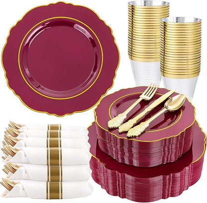 Liacere 350PCS Red Plastic Plates-Disposable Burgundy Red and Gold Plates 50guest Baroque Plastic Dinnerware include 100Plates, 50Pack Pre Rolled Napkins with Silverware 50Cups for Girlfriends' Day