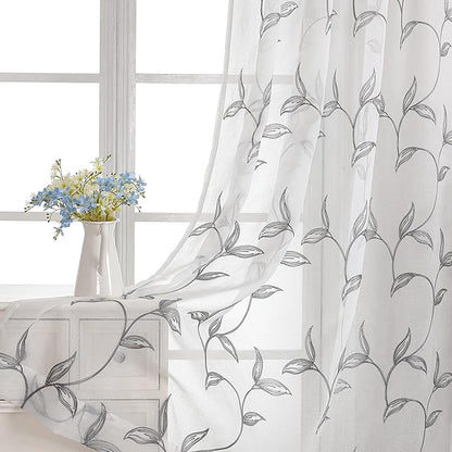 VISIONTEX Sheer Curtains 72 Inch Length 2 Panels, Decor Iron Grey Vine Leaves Embroidery on White Voile Pair, Accent Semi Window Drapes for Kitchen, Living Room and Bedroom, 54" W x 72" L