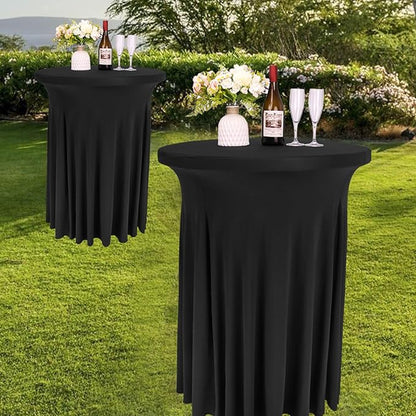 6 Pack Round Cocktail Tablecloth 32"x 43" Spandex Cocktail Table Skirt, Washable Stretch Fitted Table Covers for High Top Bar,Wedding,Party,Events (Black)