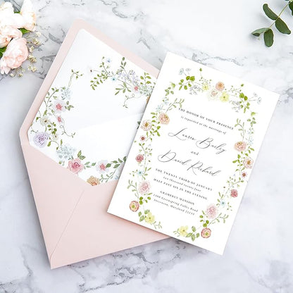 PONATIA 50PCS A7 Euro Flap Envelopes, 5.25 x 7.25'' Blush Pink Flowers Liner Envelopes for 5x7 Wedding Invitations, Photos, Postcards, Greeting Cards, Christmas Gift Cards, Acrylic Mailing