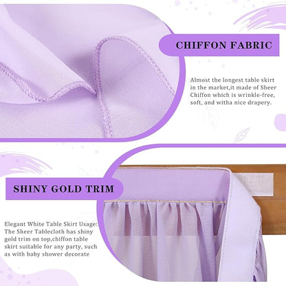 QueenDream 14ft Lavender Chiffon Table Skirt Purple Sheer Tablecloth for Rectangle Tables for Baby Shower Birthday Party Decorations