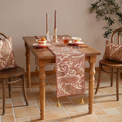 ISAENNE Designer Elegant Red Linen Table Runner 71 Inches Long,Vintage Paisley Pattern Durable Table Runners for Dining Tables,Thanksgiving,Kitchen Tables,Christmas,12"*71"-Chauffrey A