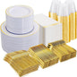 NOCCUR 700PCS Gold Plastic Plates - Gold Disposable Dinnerware Set for 100 - Include 200 Dinner/Dessert Plates, 300 Cutlery, 100 Cups, 100 Napkins, Idea for Wedding/Party/Thanksgiving