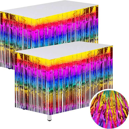 Rainbow Streamers Party Decorations, 2 Packs Gradient Rainbow Table Skirts Metallic Foil Fringe Tinsel for Birthday Unicorn Pride Gay Fiesta Graduation Float Parade Party Supplies - 29x108 Inch