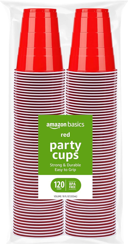 Amazon Basics Disposable Plastic Party Cups, Red, 18oz, 120 Count, Large Pack