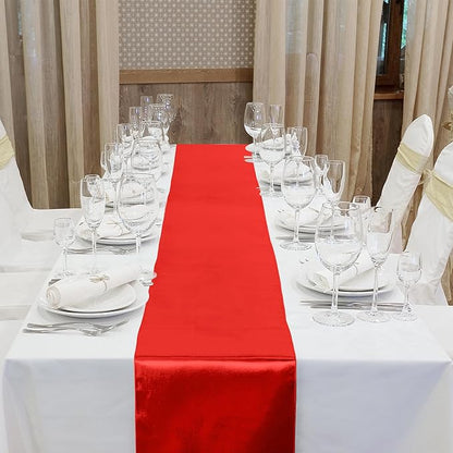 Aneco 12 Pack Christmas Satin Table Runner 12 x 108 Inch Xmas Red, Black Green Long Wedding Satin Silk Table Runner for Wedding Banquet Graduations Birthday Christmas Party Decoration