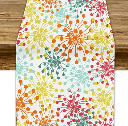 Mid Century Flower Table Runner, Colorful Geometric Abstract Chrysanthemum Vintage Farmhouse Decorations Orange Yellow Gray Table Runner for Kitchen Dining Holiday Party Decor, 13x70 Inch
