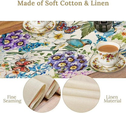 Brown Bird Floral Table Runner Spring Flower Kitchen Table Decoration Suitable for Family Dinner Decoration 13x90 Inch