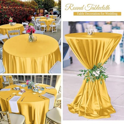 12 Pack 120 Inch Gold Satin Tablecloth - Premium Bright Silky Round Tablecloth Overlay Smooth Fabric Table Cover, Table Decoration for Wedding Party Banquet Events Restaurant Kitchen Dining