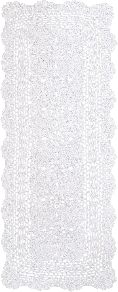 Phantomon Lace Table Runner Rectangular Table Cover Cloth Handmade Crochet Floral Placemats 100% Cotton (Floral White, 15x39Inch)