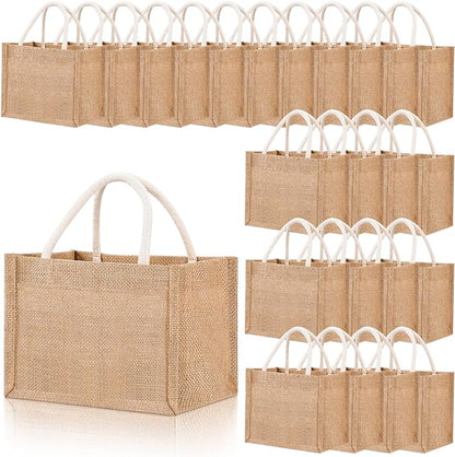 Cunno 24 Pcs Burlap Tote Bag Mini Jute Reusable Waterproof Bag with Handles Small Blank Canvas for Wedding Beach DIY Gift(Classic,9.06 x 6.3 x 5.12)