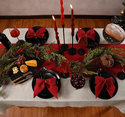 Linen Table Runner 14 x 72 Inch Long - 100% Pure Linen Christmas Red Table Runner - Cloth Fabric Hemstitch Runner for Thanksgiving, Christmas, Winter, New Year - Elara