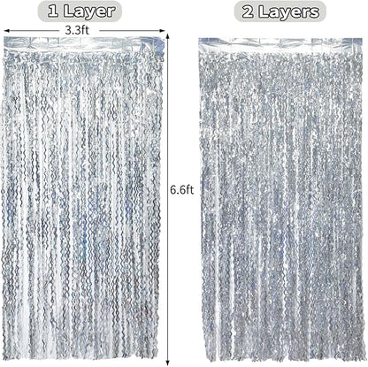 4 Pack 3.3 ft x 6.6 ft Silver Metallic Tinsel Foil Fringe Curtains - Door Streamers for Photo Booth Christmas Day Thanksgiving Wedding New Year Party Decorations
