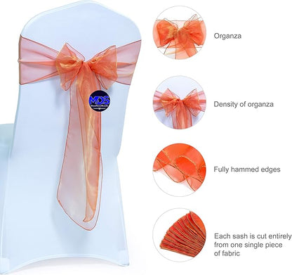MDS Pack of 200 PCS Organza Chair Sashes Wider Dining Chair Bows Ribbon Tie Back for Wedding Party Birthday Bridal Shower Reception Event Banquet Home Chair Cover Decoration - Brunt Orange