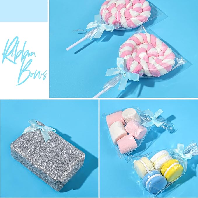 YGDZ 50 PCS Mini Blue Bows, Light Blue Satin Ribbon Bows, Small Bows for Crafts, Tiny Bow for Baby Shower, Party Decorations, Balloon, Gift Box Packaging