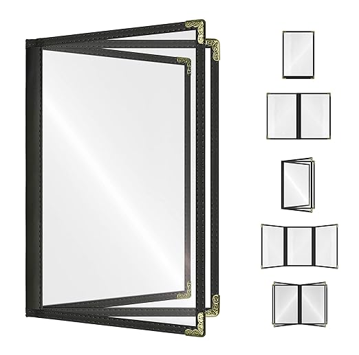 Goodsmart Restaurant Menu Covers – 25 Pack Black 6-View Booklet 8.5" x 14", Side-Loading Vinyl & Plastic Menu Holders, Clear Menu Sleeves, Leather-Style Café Covers with Gold Corners
