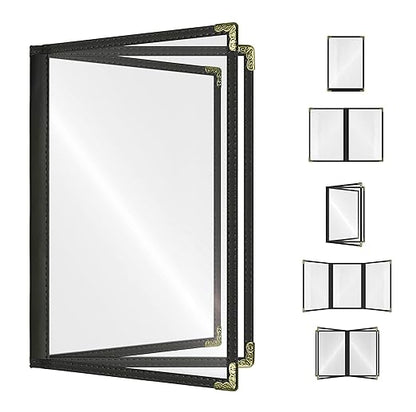 Goodsmart Restaurant Menu Covers – 25 Pack Black 6-View Booklet 8.5" x 14", Side-Loading Vinyl & Plastic Menu Holders, Clear Menu Sleeves, Leather-Style Café Covers with Gold Corners