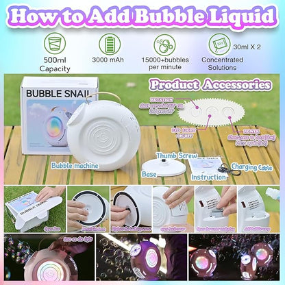 Bubble Machine, Automatic Bubble Maker Rechargeable, 15000+ Big Bubbles per Min, Colorful LED Lights, 90° 360° Rotatable Portable Electric Bubbles Toy for Kids Toddlers, Outdoor Wedding Party Gifts