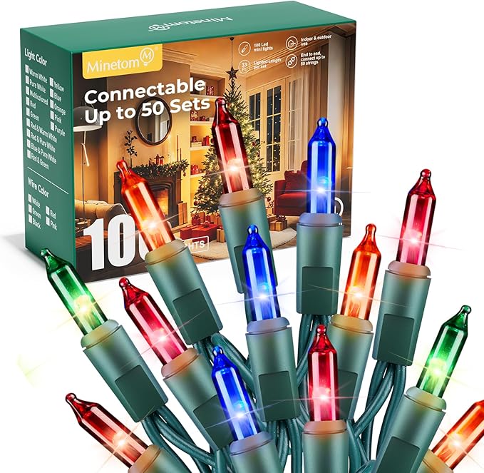 Minetom LED Multicolor Christmas String Lights, 100 Count 33 Feet LED Christmas Lights Bulb, Christmas Decorations Indoor, Christma Tree Lights for Indoor Outdoor Xmas Wedding Party Festival