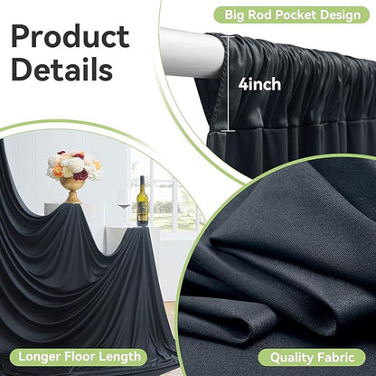 10ftx14FT Wrinkle Free Black Backdrop Curtain, 2 Panels 14FT Height Black Wedding Backdrop Drapes, Silky Polyester Back Drop Cloth for Birthday Photography Background Party Backdrop Draping