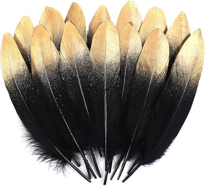 Larryhot Dipped Gold & Black Goose Feathers for Crafts - 6-8 inch 60 pcs Natural Feathers for Wedding Party Decorations,DIY Crafts and Clothing Accessories (Gold & Black)