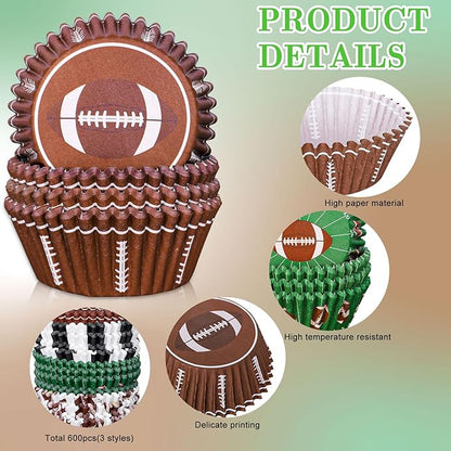 Whaline 600Pcs Football Cupcake Liners 6 Styles Rugby Cupcake Wrappers Baking Cups Holders Sports Theme Muffin Baking Liners for Birthday Party Holiday Party Post-match Celebration