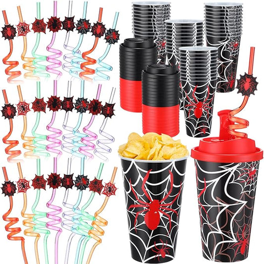 Yungyan 36 Sets Spider Party Favors Goodie Cups with Lids and Straws for Halloween Party Decorations Reusable 16oz Plastic Candy Cups Plastic Straws for Birthday Gift (Spider)