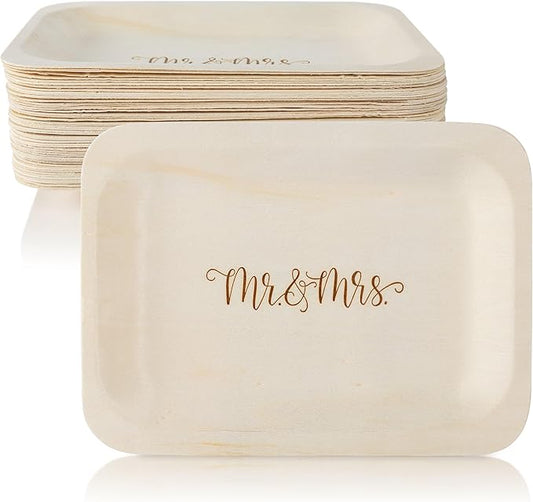 Mr. and Mrs. Disposable Wedding Plates – Rustic, Compostable Alternative to Plastic Plates for Wedding Receptions, Engagement Parties, and Rehearsal Dinners (Salad/Dessert, 50-Pack)