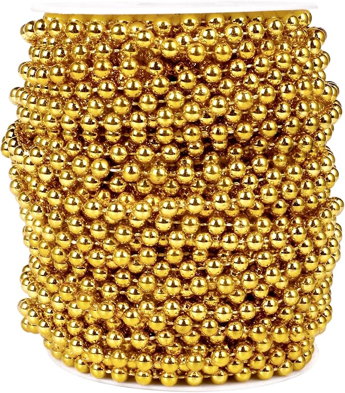[98 Feet] Gold Pearl Beads Garland, 6MM 33 Yards Gold Faux Pearl Beads String Roll Bulk for DIY Craft Christmas Tree Wedding Party Decoration
