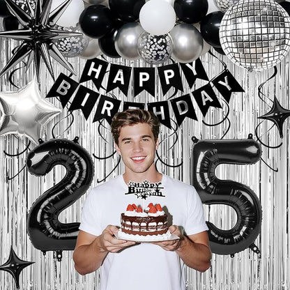 25th Birthday Decorations for Men Women, Black Silver Happy Birthday Party Decorations， 25 Year Old Party Supplies with Number 25 Balloons, Banner, Fringe Curtains Kit