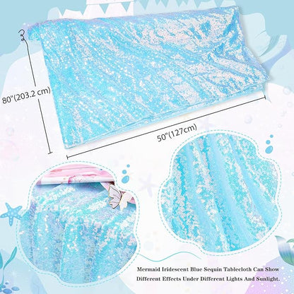 Glitter Blue Tablecloth 50x80 Inch Iridescent for Anniversary Birthday Baptism Mermaid Ocean Theme