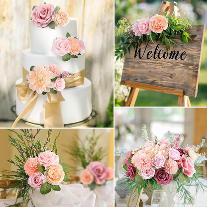 AGIRL Rose Artificial Flowers Combo Fake Flowers Pink Roses Silk Flowers with Stems for DIY Bridal Wedding Bouquets Centerpieces Arrangements Table Party Baby Shower Home Decor (Champagne Pink)