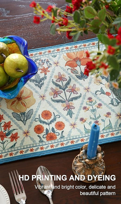 ISAENNE Designer Bohemian Elegant Linen Table Runner 71 Inches Long,Colorful Flower Pattern Table Runners for Dining Tables,Thanksgiving,Kitchen Tables,Christmas,12"*71"-Floralsea A