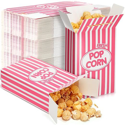 Xinnun 200 Pcs Paper Popcorn Boxes 1 oz Close Top Oil Proof Disposable Popcorn Container 6 x 4 x 2 Inch Stripes Leak Proof Popcorn Boxes for Party Movie Party Theater Night Birthday (Pink)