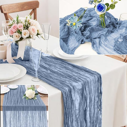 1-Pack Dusty Blue Cheesecloth Table Runners – 10FT (35x120 Inch) Boho Rustic Gauze Fabric Cheese Cloth Table Runner for Weddings, Baby Showers, Bridal Shower, Farmhouse & Birthday Party Decor