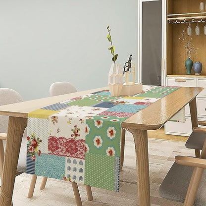 Patchwork Boho Table Runner,Vintage Colorful Floral Plaid Polka Dot Print Tablecloth Burlap for Hotel Indoors Outdoor Dining Room Kitchen Home Decor,W13X L108 in