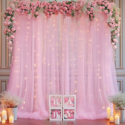 10×10ft Pink Tulle Backdrop Curtain with Lights String for Parties, Sheer Photo Curtain Backdrop Drapes for Wedding Party Photography Backgrounds