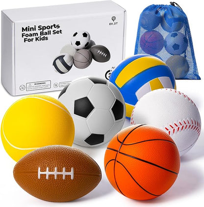 Set Of 6 Mini Sports Foam Balls for Kids, Toddler Ball Toys, Foam Football, Toddler Football, Indoor Baby Soccer, Kids Mini Basketball, Soft Baseball, Volleyball, Small Playground Balls, Baby Ball Toy