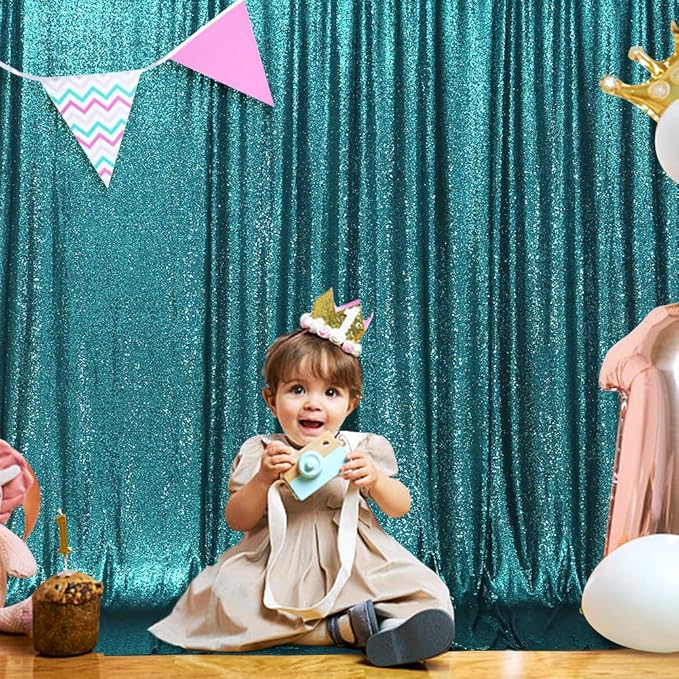 SquarePie Sequin Backdrop Curtain Not See Through Thick Glitter Background for Party 7FT x 7FT Teal