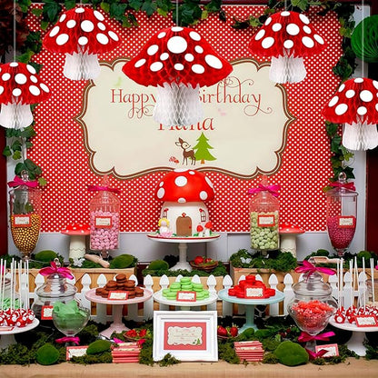 8PCS Mushroom Honeycomb Decor Mushroom Shaped Tissue Paper Pom Decorations for Jungle Wonderland Themed Birthday Party 3D Mushroom Honeycomb Centerpiece for Fairy Baby Shower Garden Decoration