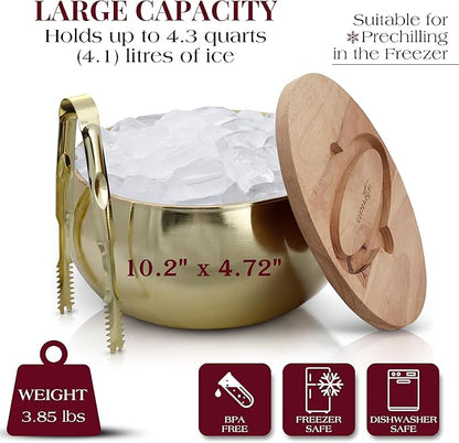 Gusto Nostro 4.1L Insulated Ice Bucket with Lid and Tongs, Double Wall Stainless Steel Ice Bucket Large, BPA Free Ice Bucket for Cocktail Bar, Keeps Champagne, Wine, Beer Chill for Parties (Gold)